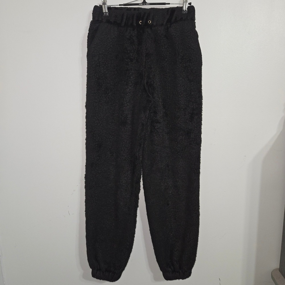 B#40 No Boundaries Black Faux Fur Sherpa Jogger Pants Women XS Cozy Lounge Wear